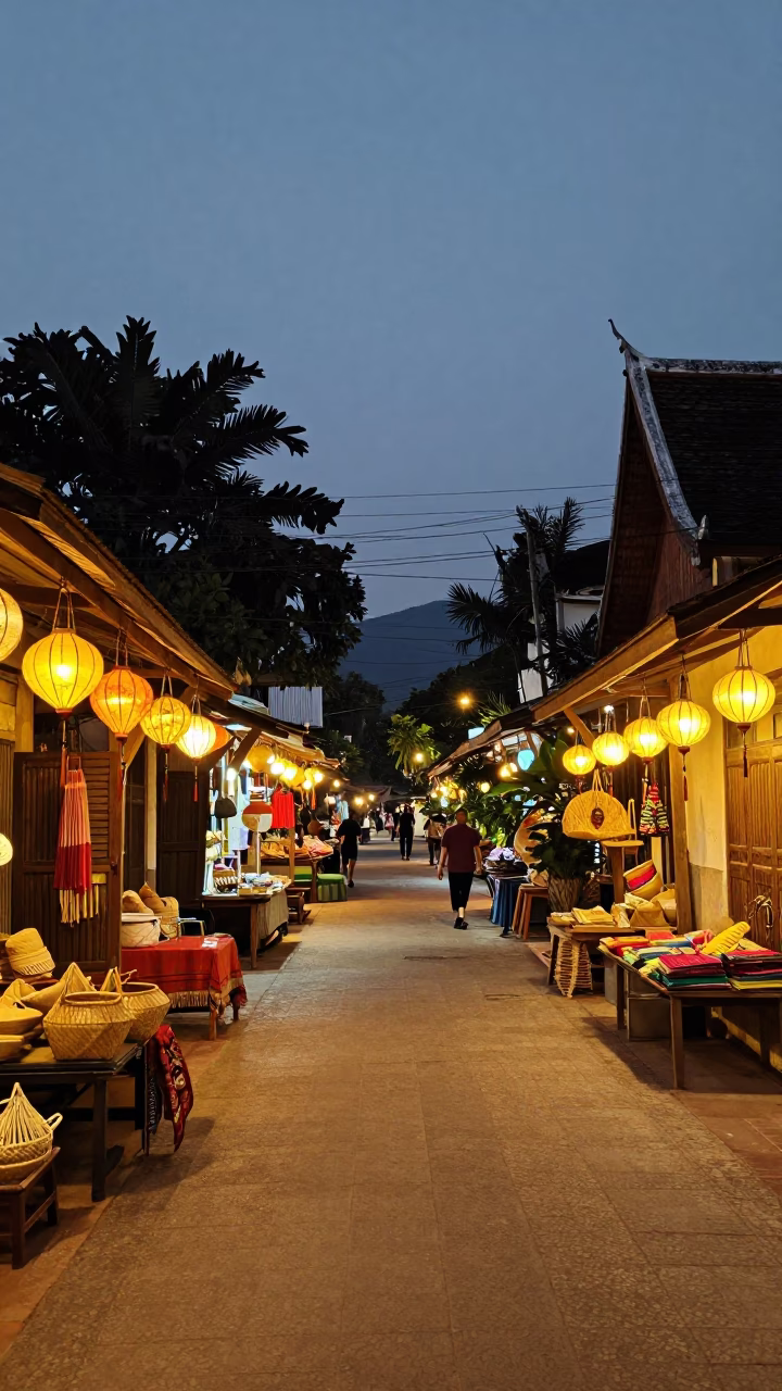 Luang Prabang Laos street scene at dusk with hanging lanterns and local market activity in in Luang Prabang, Laos