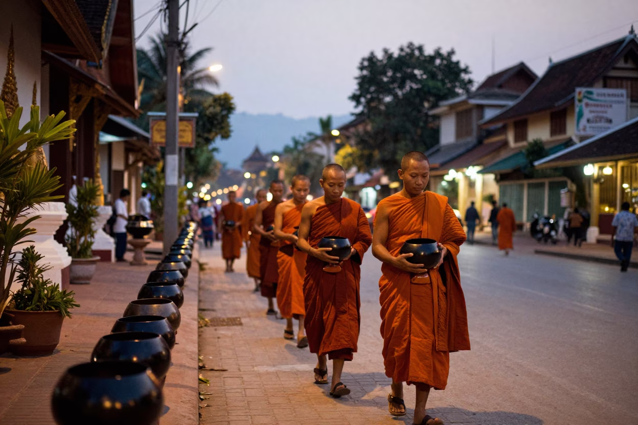Luang Prabang Laos street scene at dusk with monks alms bowls and temple spires in in Luang Prabang, Laos