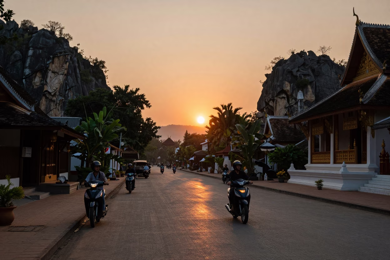 Luang Prabang Laos Street Scene at Dusk with Motorbikes and Temple Silhouettes in in Luang Prabang, Laos