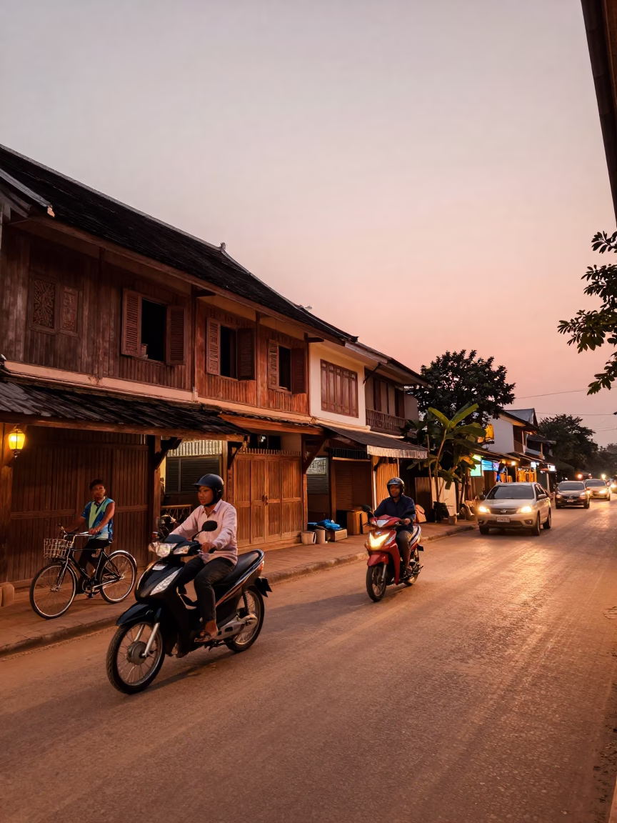 Luang Prabang Laos Street Scene at Dusk with Traffic and Traditional Architecture in in Luang Prabang, Laos