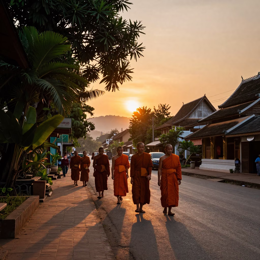 Luang Prabang Laos Street Scene at Sunset with Monks and Local Life in in Luang Prabang, Laos