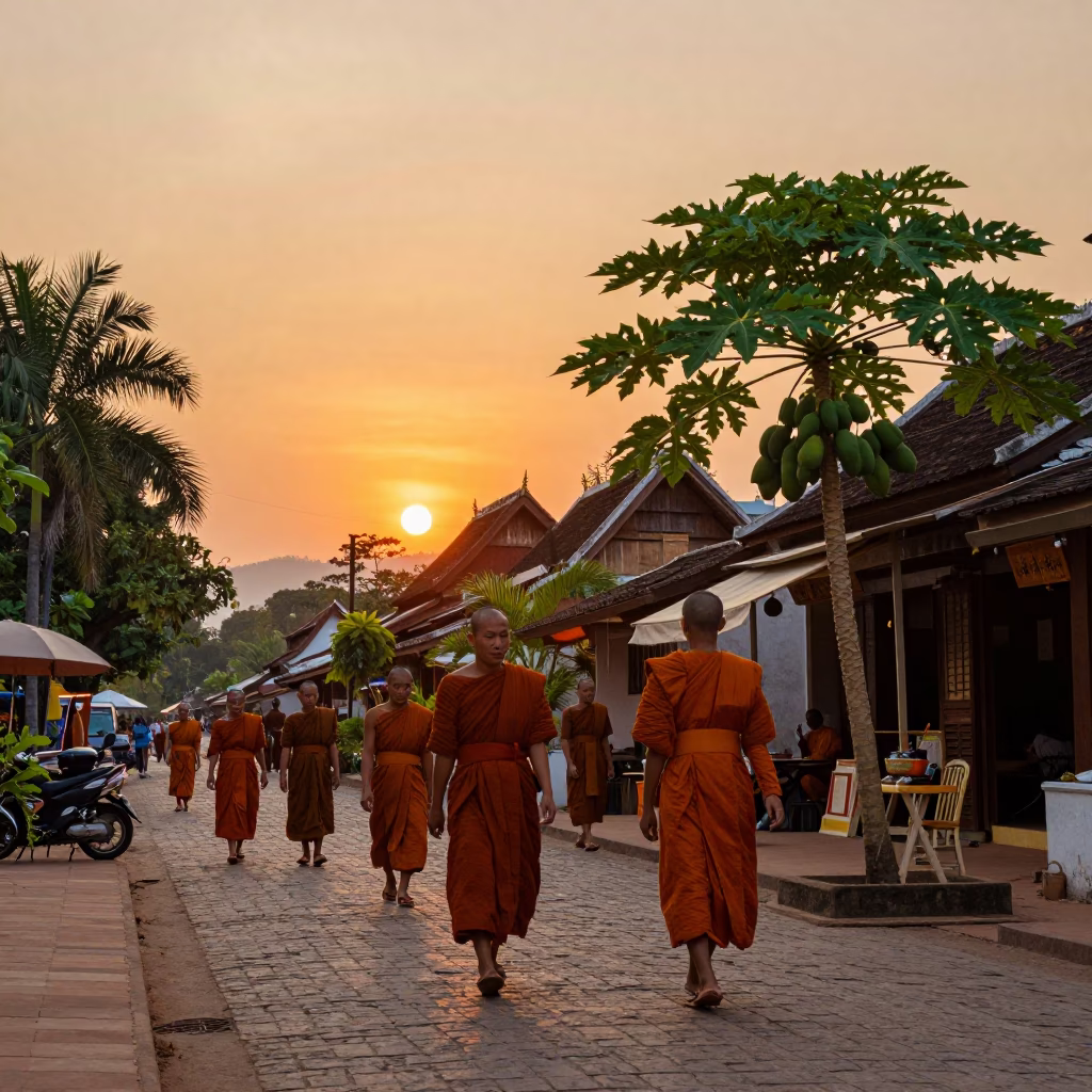Luang Prabang Laos street scene at sunset with monks walking and traditional architecture in in Luang Prabang, Laos
