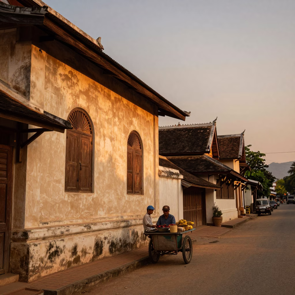 Luang Prabang Laos Street Scene Before Dusk with Local Vendor and Shaved Ice Dessert in in Luang Prabang, Laos