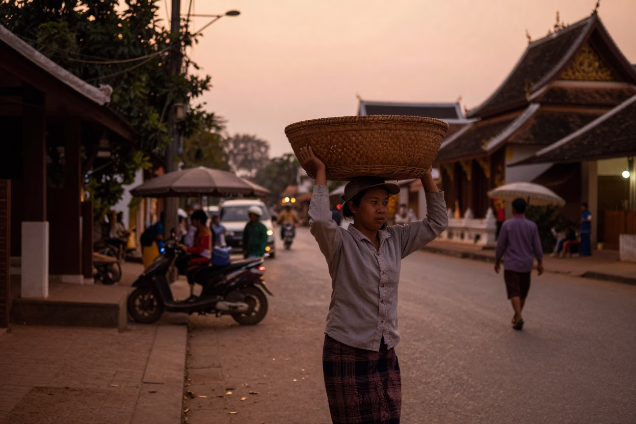 Luang Prabang Laos Street Scene Before Dusk with Woven Basket and Local Vendor in in Luang Prabang, Laos