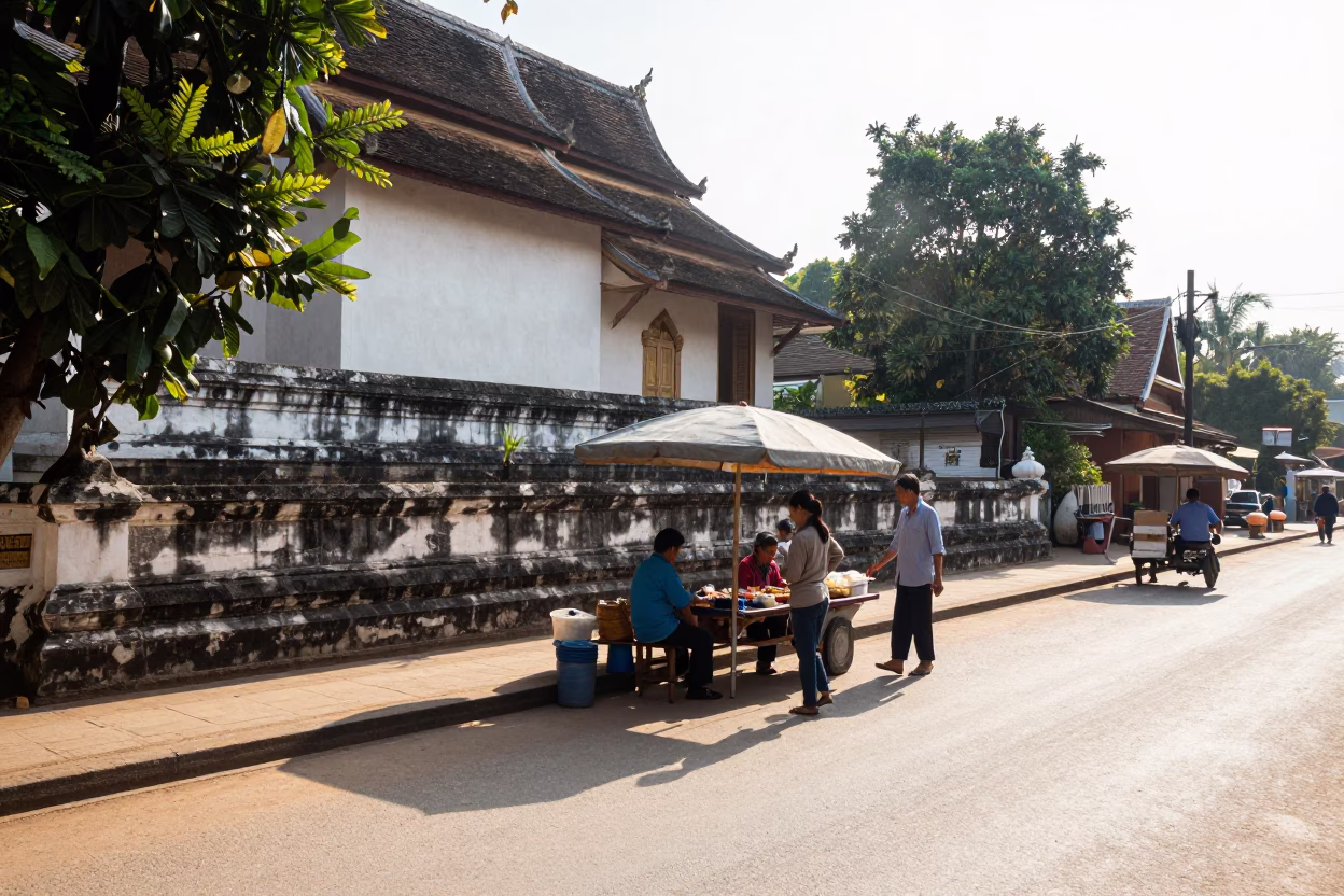 Luang Prabang Laos Street Scene Morning Light with Local Vendor and Traditional Elements in in Luang Prabang, Laos