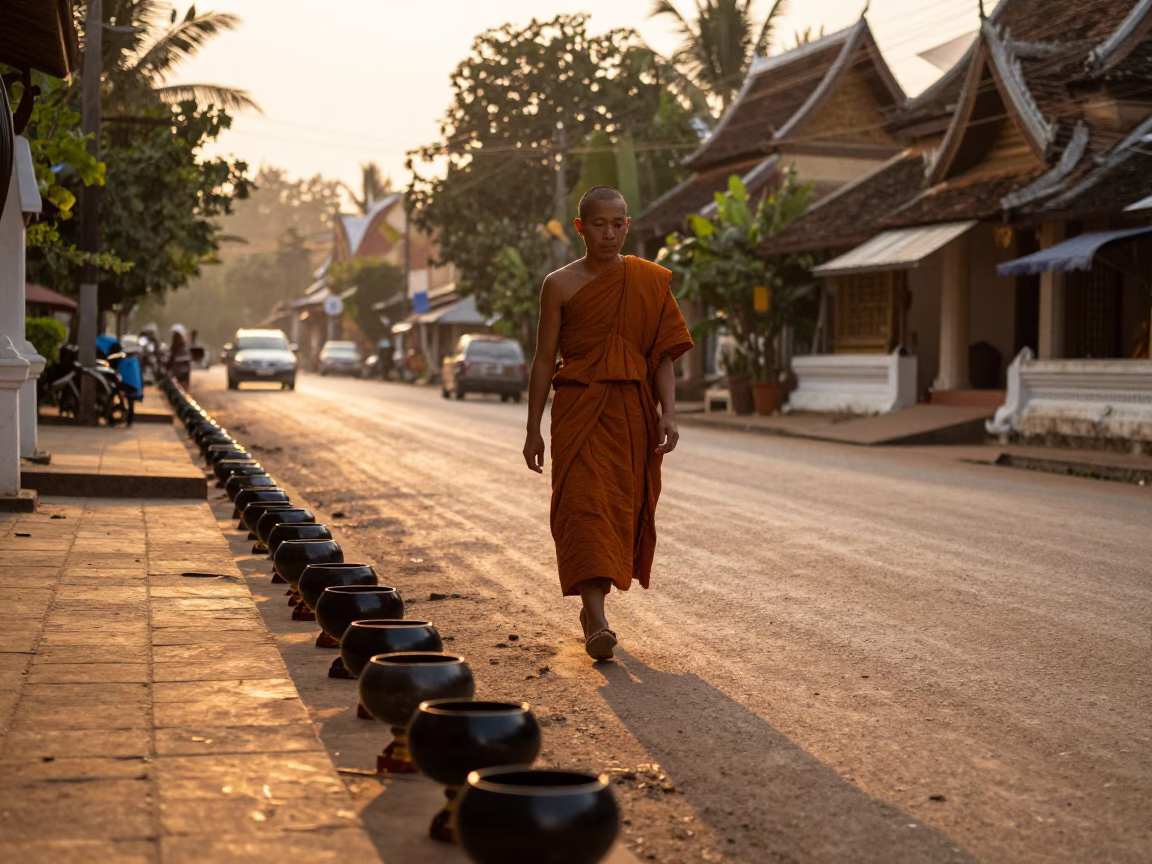 Luang Prabang Laos street scene with alms bowls and golden hour light in in Luang Prabang, Laos