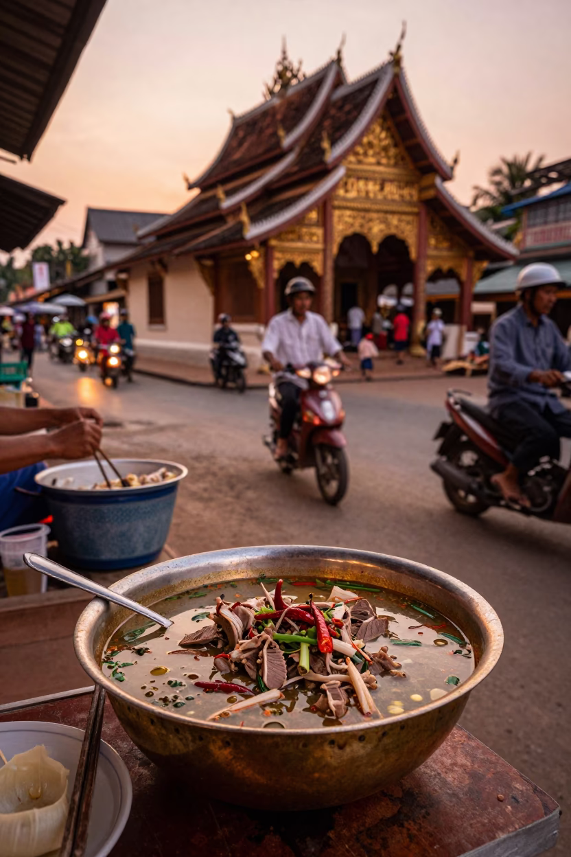 Luang Prabang Laos street scene with brass rim and soup bowl before dusk in in Luang Prabang, Laos