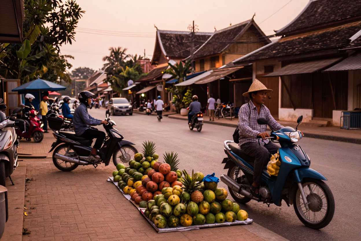 Luang Prabang Laos Street Scene with Fruit Vendor and Motorbike in Copper Dusk Light in in Luang Prabang, Laos