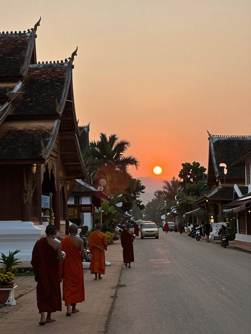 Luang Prabang Laos street scene with monks and alms at sunset in in Luang Prabang, Laos