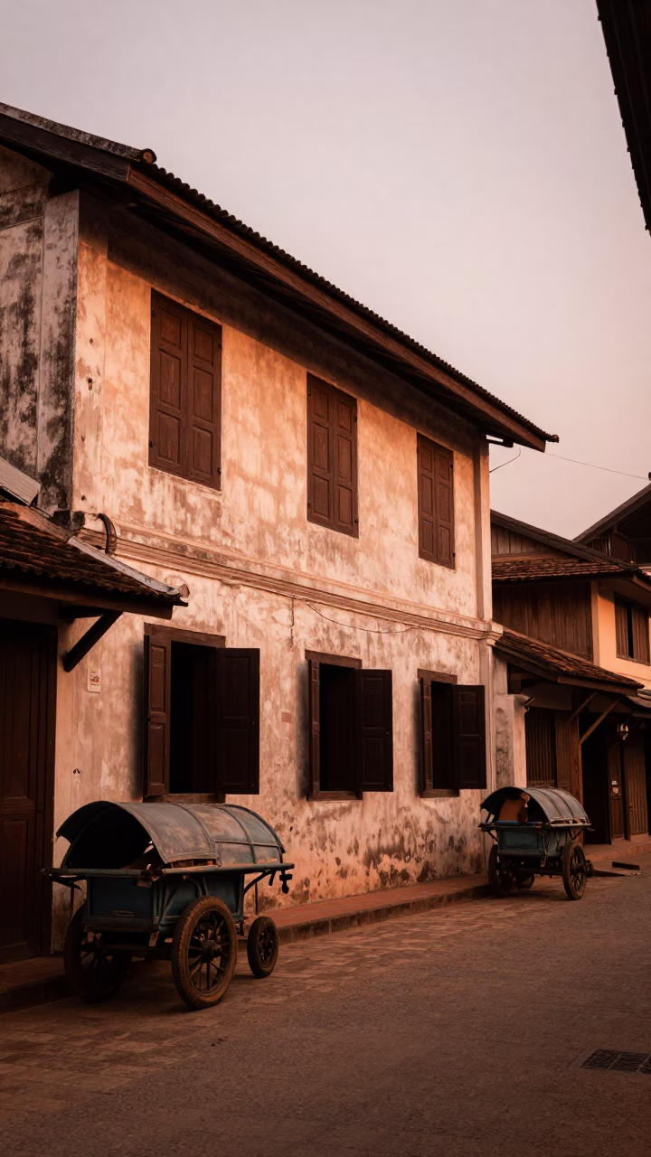 Luang Prabang Laos Street Scene with Rolling Carts in Copper Toned Light Before Dusk in in Luang Prabang, Laos