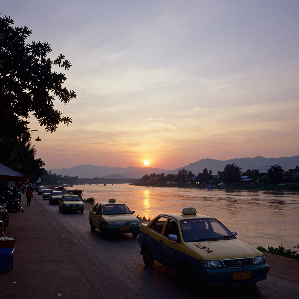 Luang Prabang Laos sunset street scene with grilled fish and taxi rank in in Luang Prabang, Laos