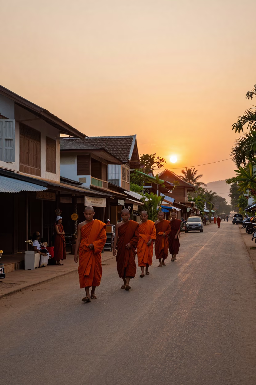 Luang Prabang Laos Sunset Street Scene with Monk Alms and Local Life in in Luang Prabang, Laos
