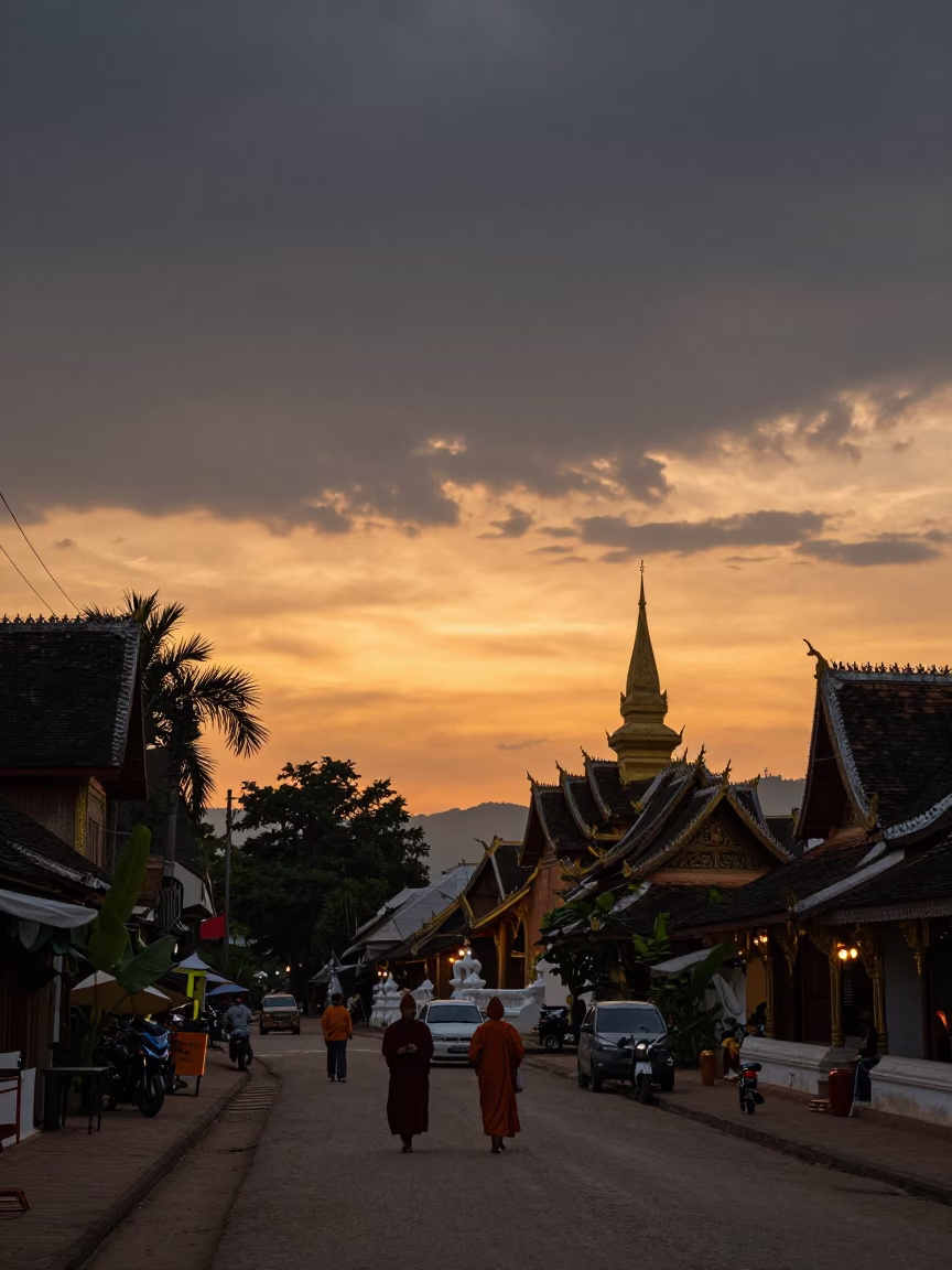 Luang Prabang Laos Sunset Street Scene with Monk Alms and Traditional Life in in Luang Prabang, Laos