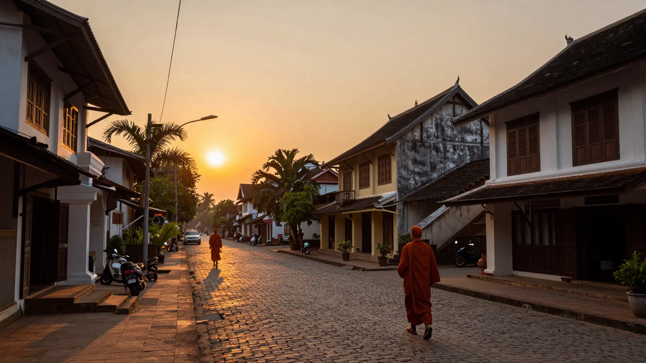 Luang Prabang Laos Sunset Street Scene with Monks Alms and Colonial Architecture in in Luang Prabang, Laos