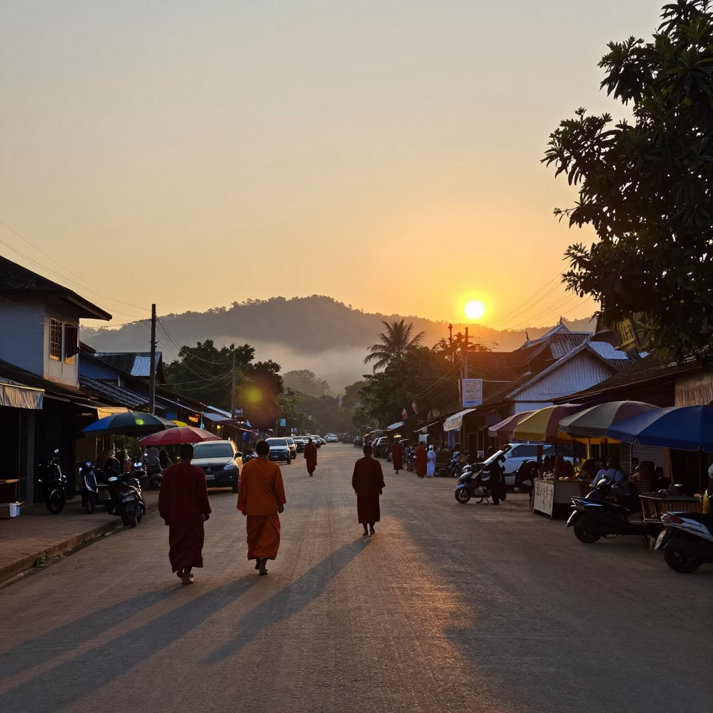 Luang Prabang Laos Sunset Street Scene with Monks and Local Commerce in in Luang Prabang, Laos