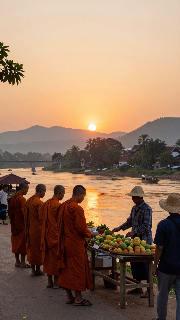 Luang Prabang Laos Sunset Street Scene with Monks and Locals in in Luang Prabang, Laos