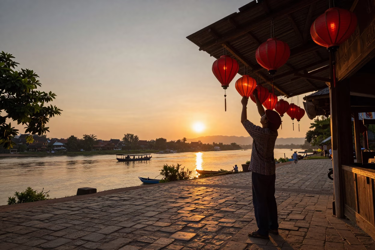 Luang Prabang Laos Sunset Street Scene with Paper Lanterns and Mekong River View in in Luang Prabang, Laos
