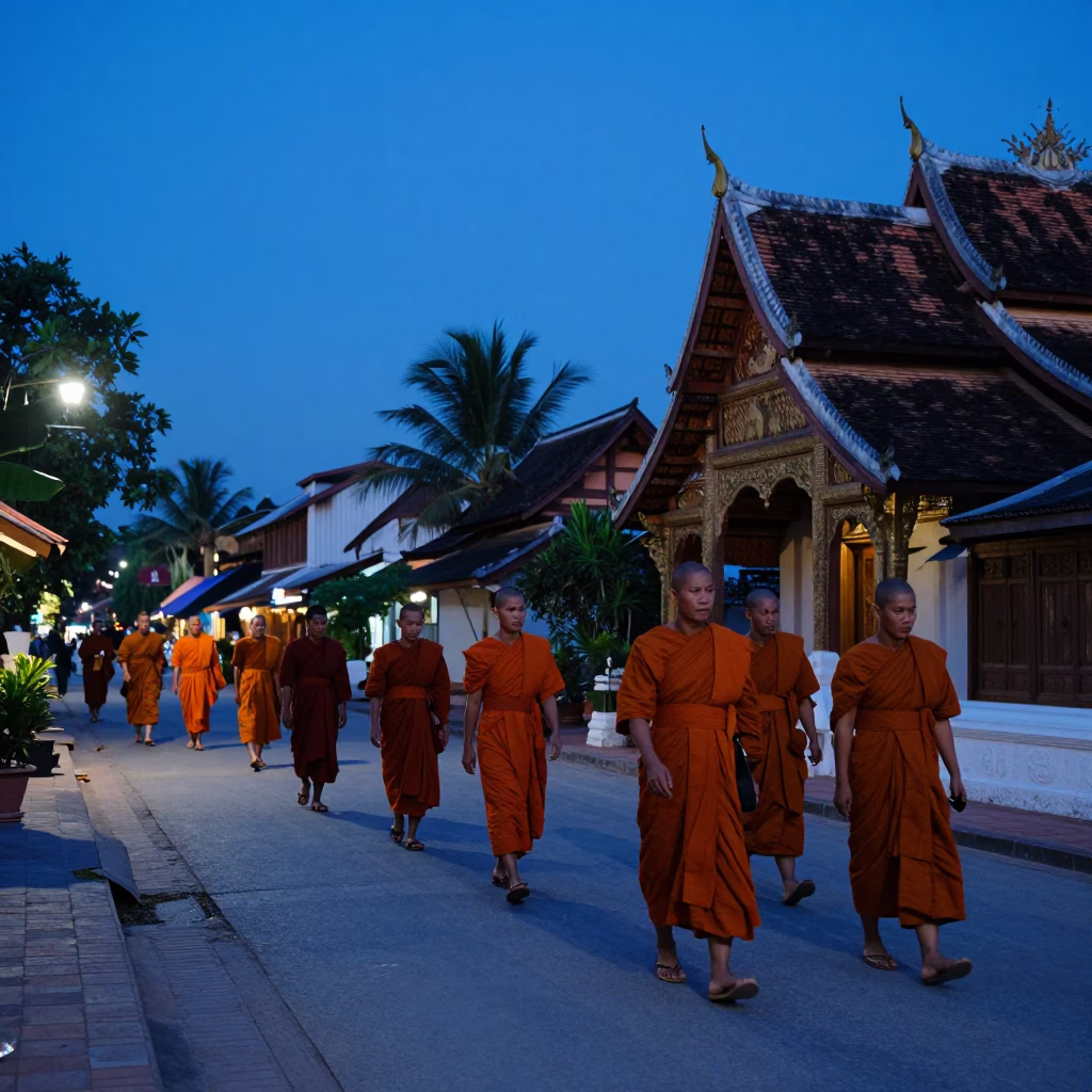 Luang Prabang Laos Twilight Street Scene with Monk Alms and Traditional Architecture in in Luang Prabang, Laos