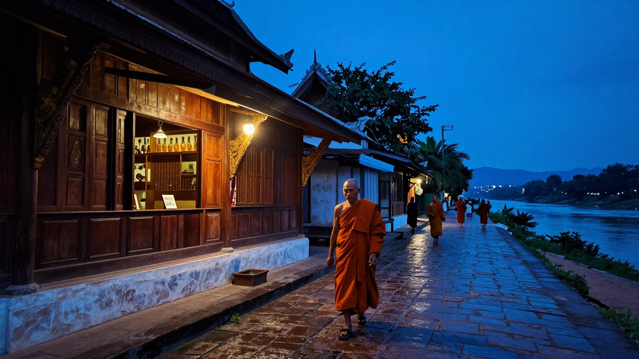 Luang Prabang Laos Twilight Street Scene with Monk Alms and Traditional Lanna Architecture in in Luang Prabang, Laos