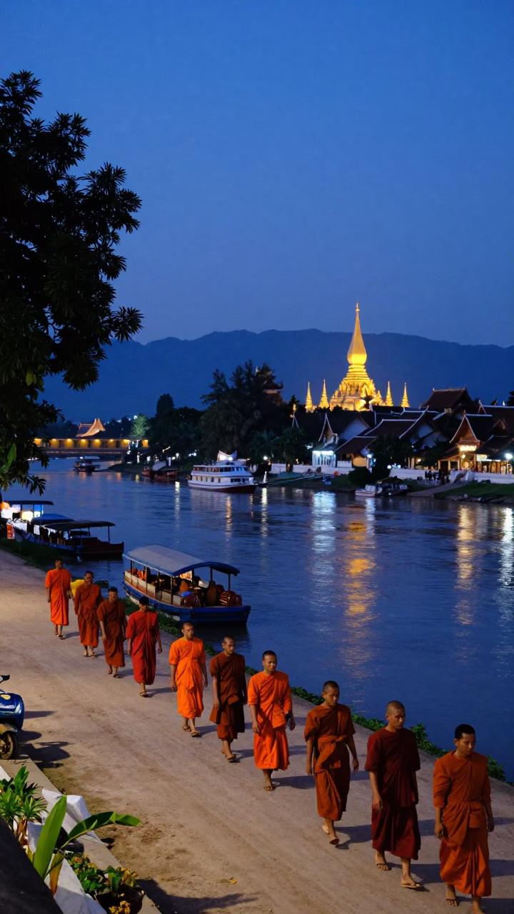 Luang Prabang Laos Twilight Street Scene with Monks and Local Life in in Luang Prabang, Laos