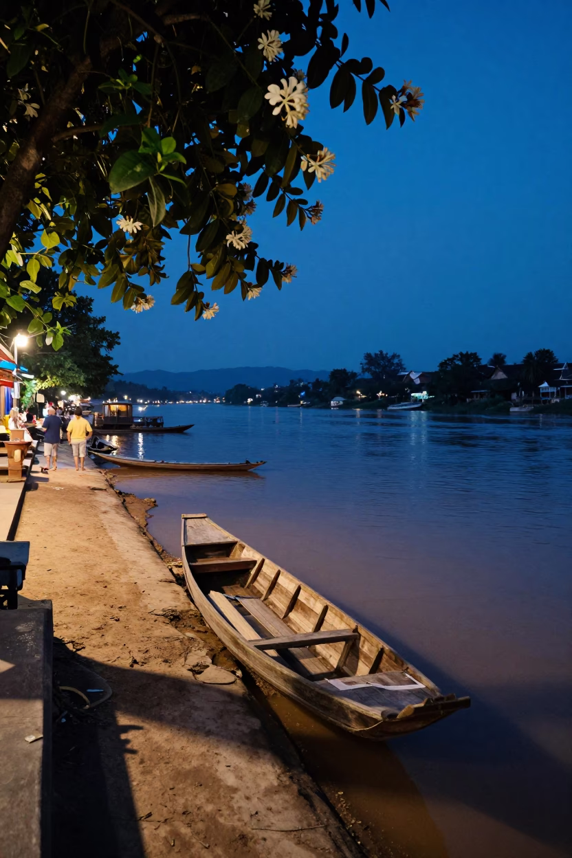 Luang Prabang Laos Twilight Street Scene with Traditional Boat and Gardenia Bush in in Luang Prabang, Laos