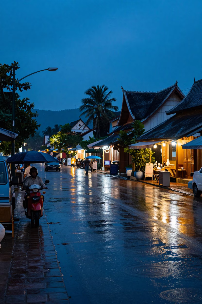 Luang Prabang Laos Twilight Street Scene with Water Streaks and Local Life in in Luang Prabang, Laos