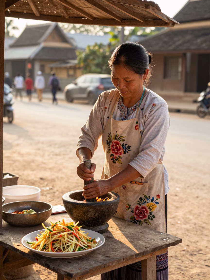 Luang Prabang Laotian Woman at Clear Late-afternoon Light in in Luang Prabang, Laos