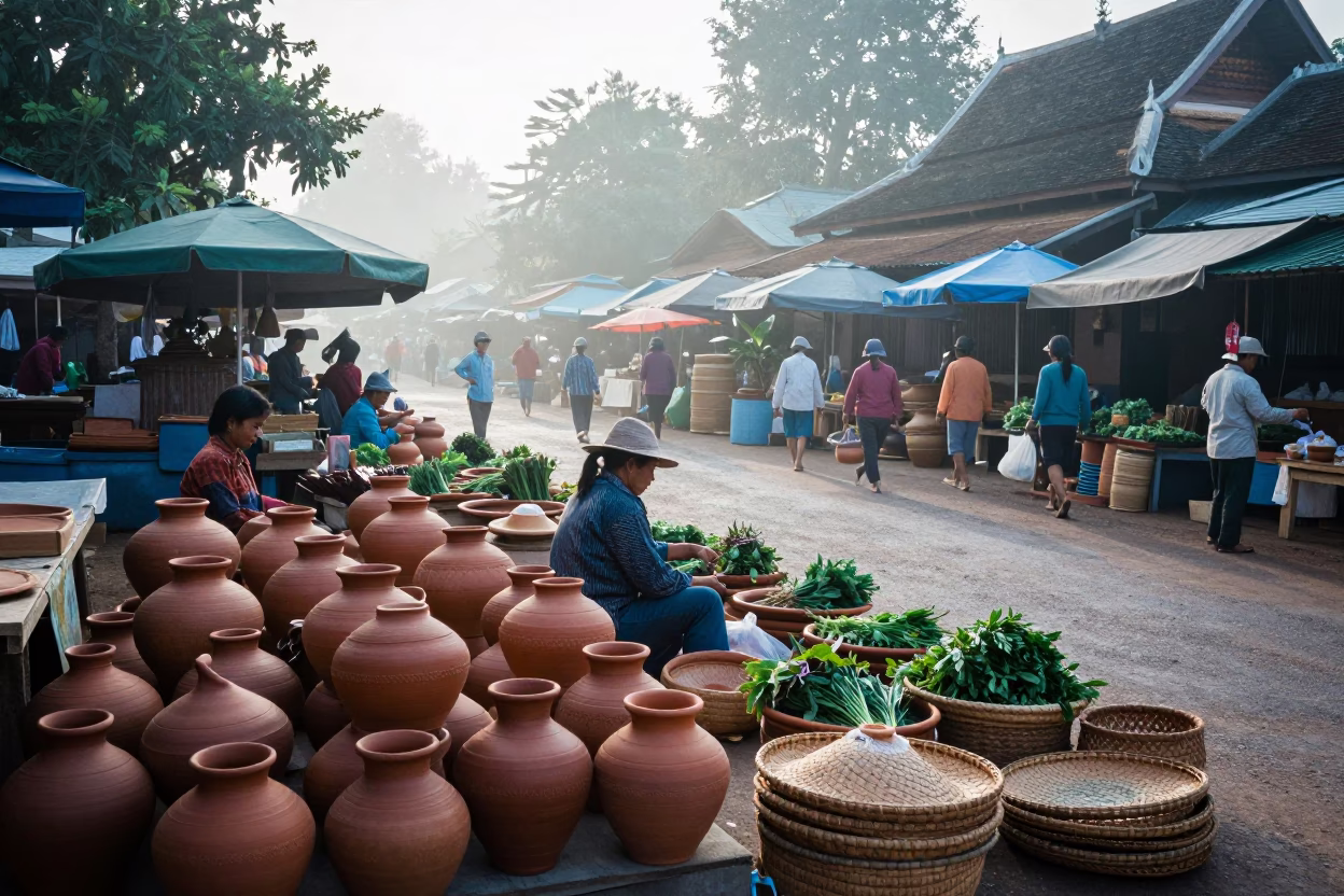 Luang Prabang Market Morning with Clay Pots and Woven Baskets in in Luang Prabang, Laos