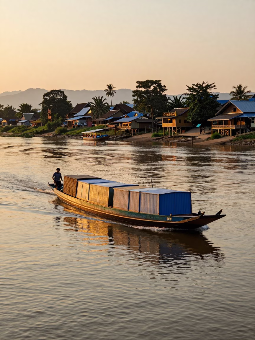 Luang Prabang Mekong River Evening Canal Barge and Local Life Photography in in Luang Prabang, Laos