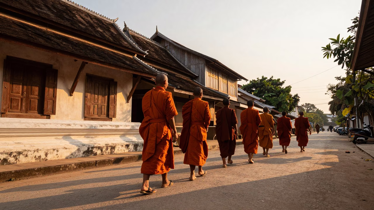 Luang Prabang Monks Alms Gathering Golden Hour Street Photography in in Luang Prabang, Laos