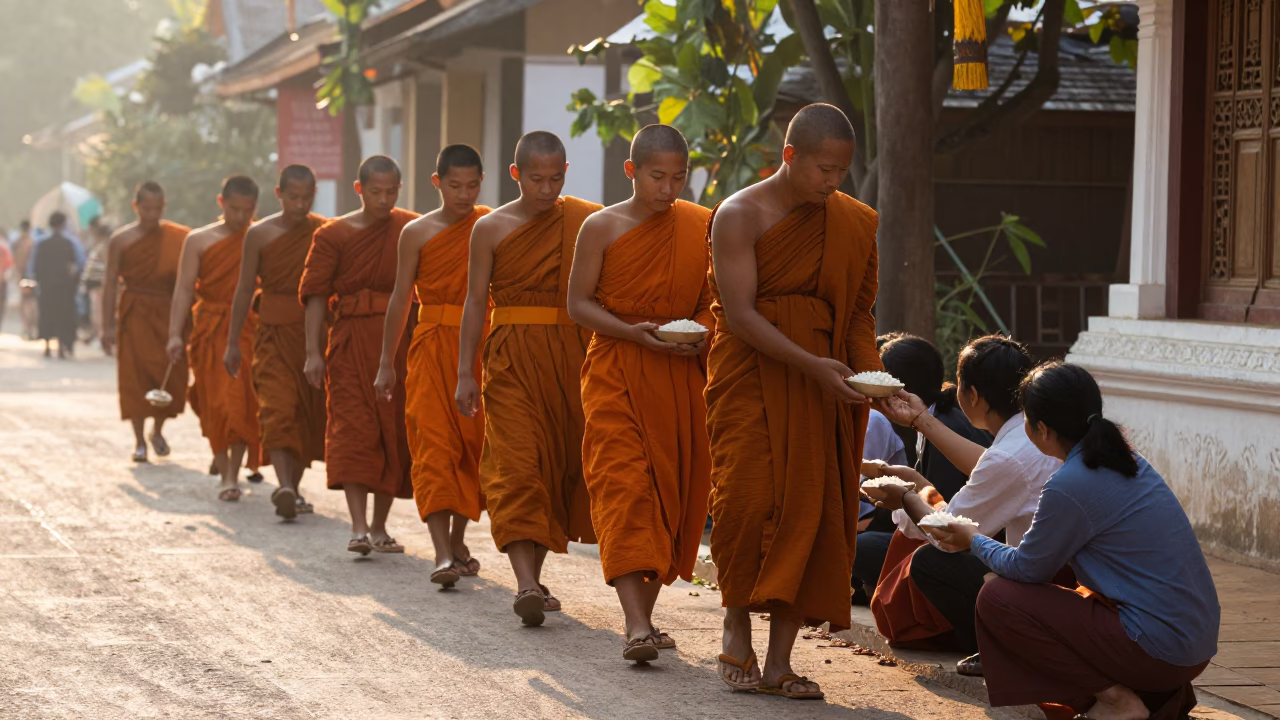 Luang Prabang Monks at The Early Morning Light in in Luang Prabang, Laos