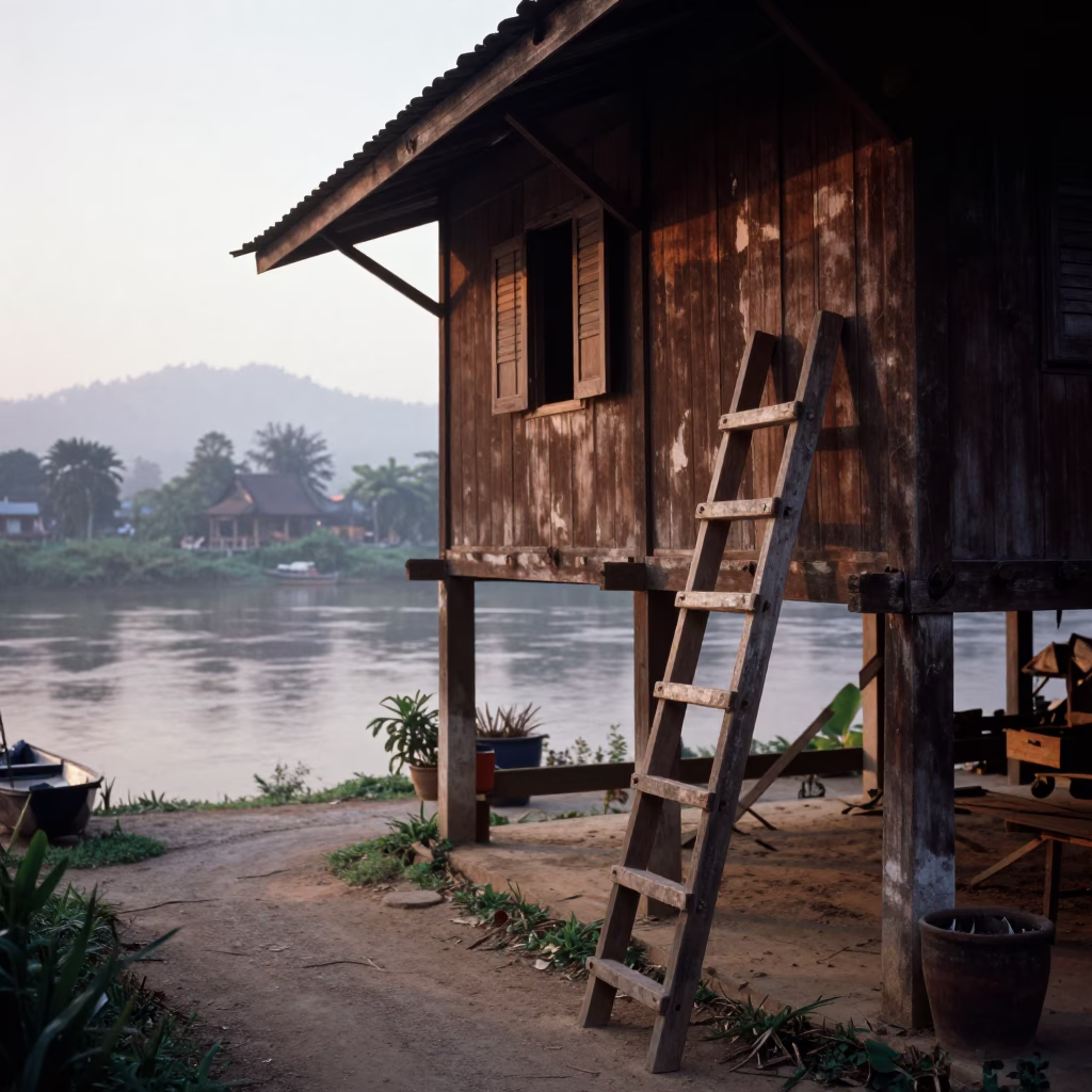 Luang Prabang Morning Light and Traditional Wooden Ladder at Nautical Dawn in in Luang Prabang, Laos