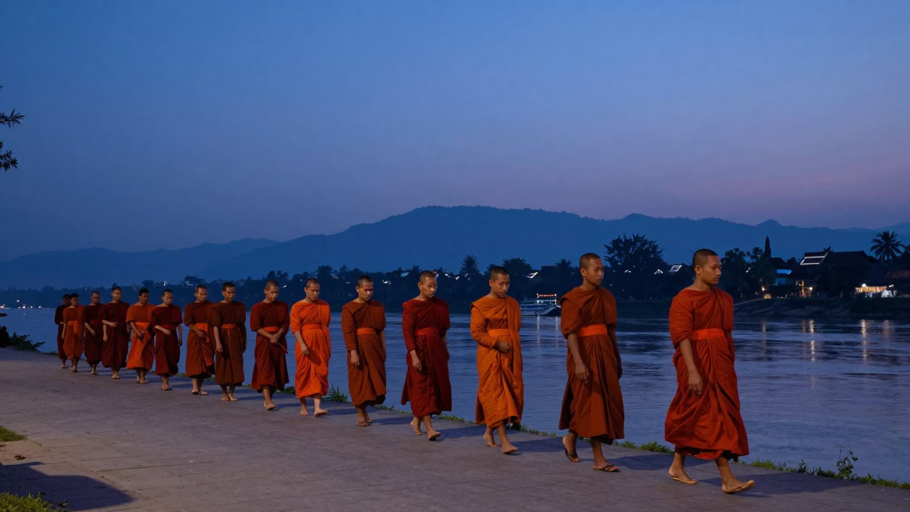 Luang Prabang Nautical Dawn Alms Giving Ceremony Monks Walking Along Mekong Riverbank in in Luang Prabang, Laos