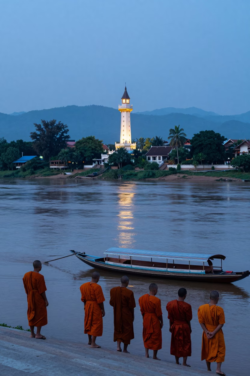 Luang Prabang Nautical Dawn at Nautical Dawn Light in in Luang Prabang, Laos