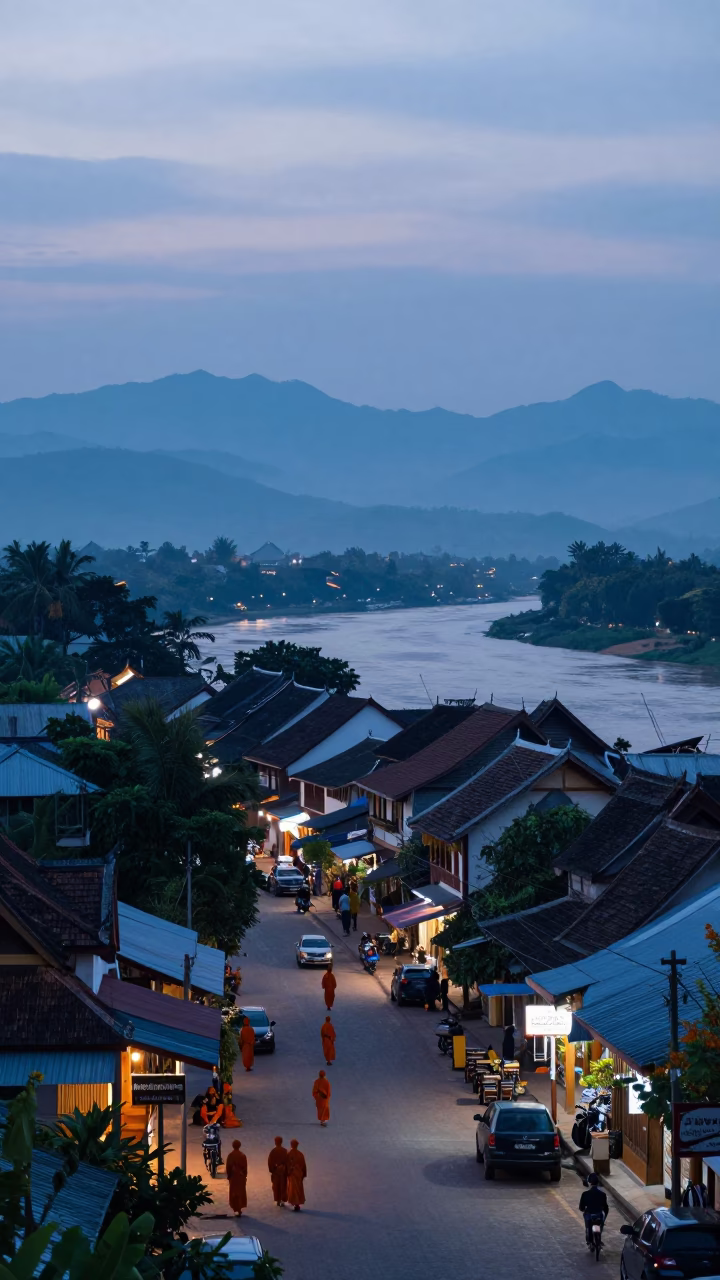 Luang Prabang Nautical Dawn Street Scene with Monks and Local Market Activity in in Luang Prabang, Laos