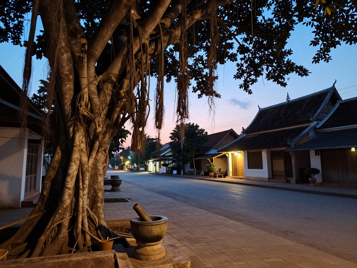 Luang Prabang Nautical Dawn Street Scene with Mortar and Pestle and Banyan Tree Roots in in Luang Prabang, Laos