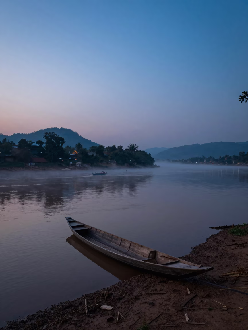 Luang Prabang Pre-Dawn Mist at The Still Hours Before Dawn Light in in Luang Prabang, Laos