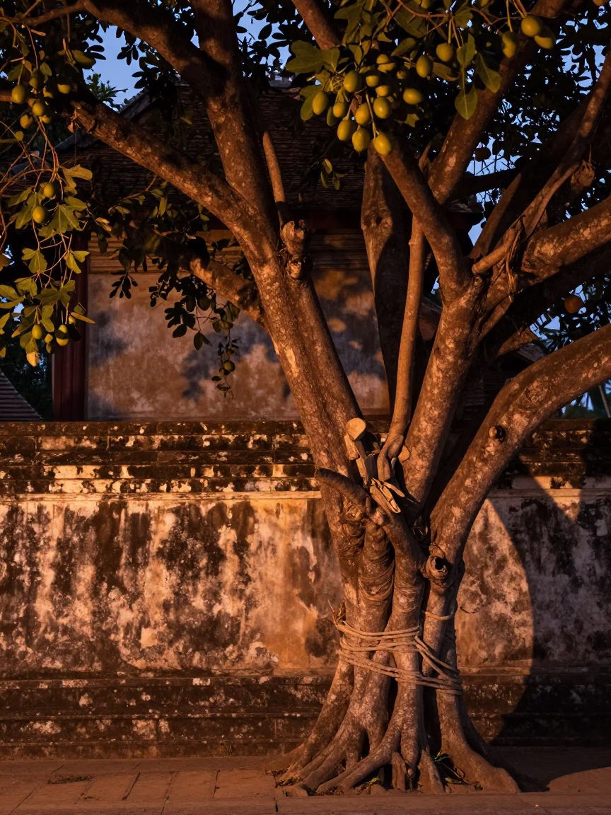 Luang Prabang Stone Wall at Copper-toned Light Before Dusk in in Luang Prabang, Laos