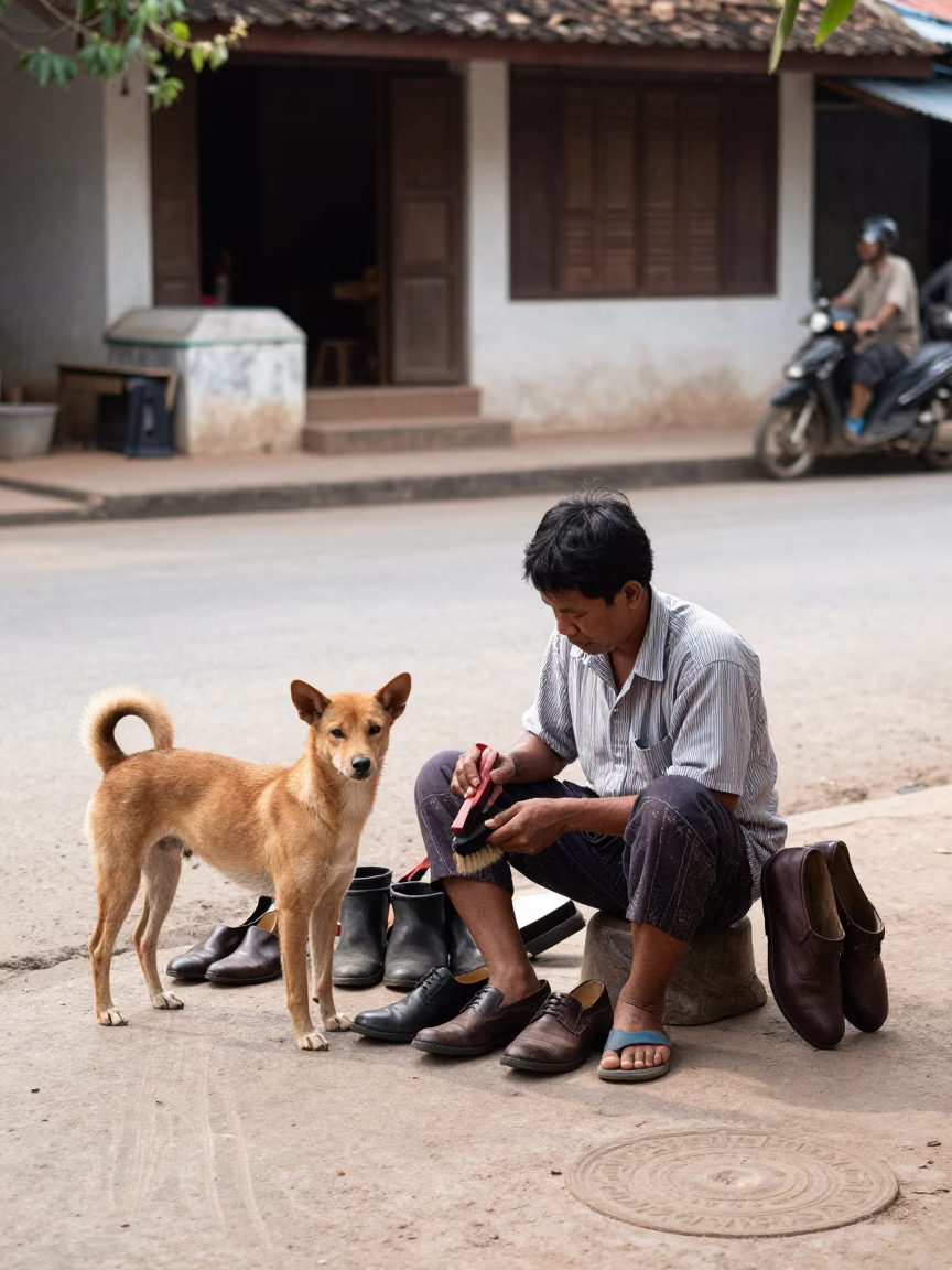 Luang Prabang Street Corner at Flat Noon Light in in Luang Prabang, Laos