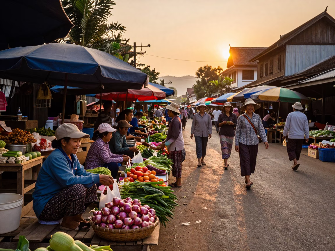 Luang Prabang Street Market at Golden Hour in in Luang Prabang, Laos