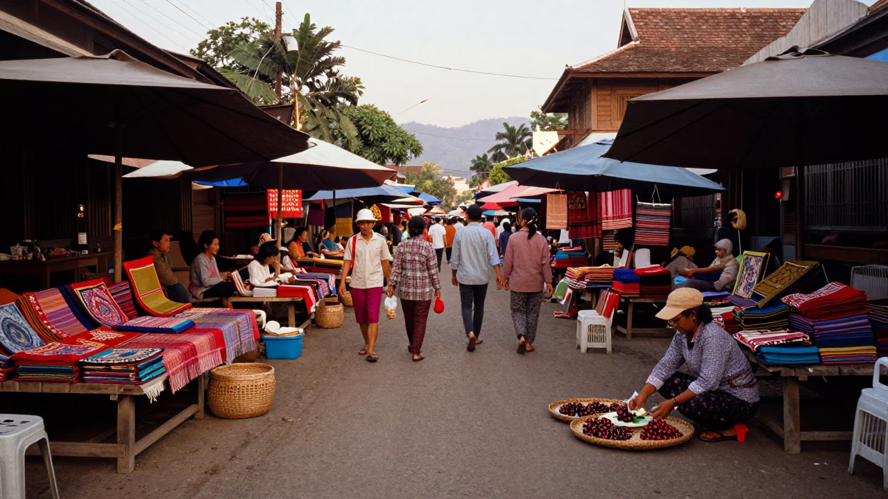 Luang Prabang Street Market at Honeyed Evening Light in in Luang Prabang, Laos
