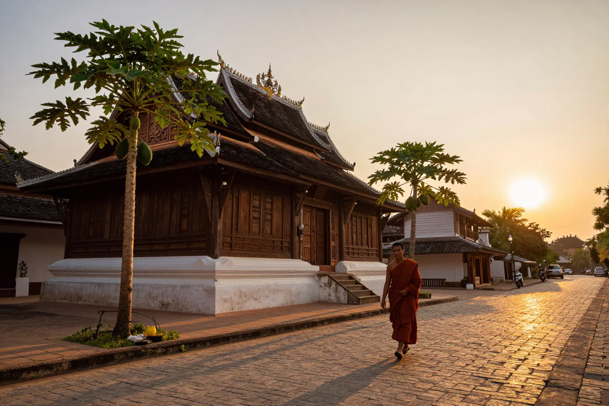 Luang Prabang Street Scene at As The Sun Drops Toward The Horizon in in Luang Prabang, Laos