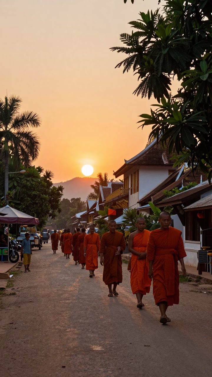 Luang Prabang Street Scene at As The Sun Drops Toward The Horizon in in Luang Prabang, Laos