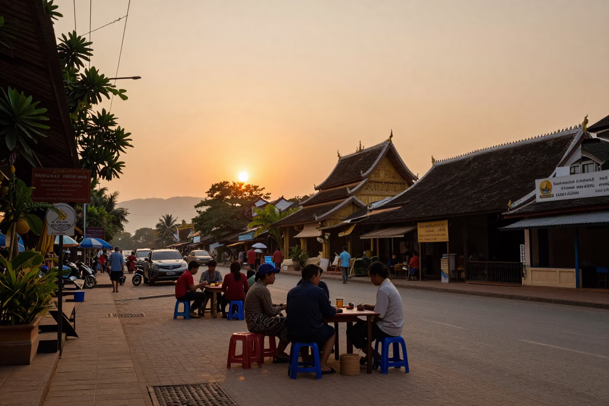 Luang Prabang Street Scene at As The Sun Drops Toward The Horizon in in Luang Prabang, Laos
