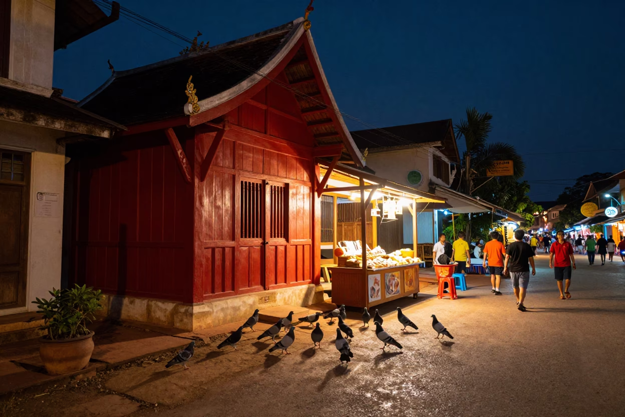 Luang Prabang street scene at night with red lacquered wood and pigeons in in Luang Prabang, Laos