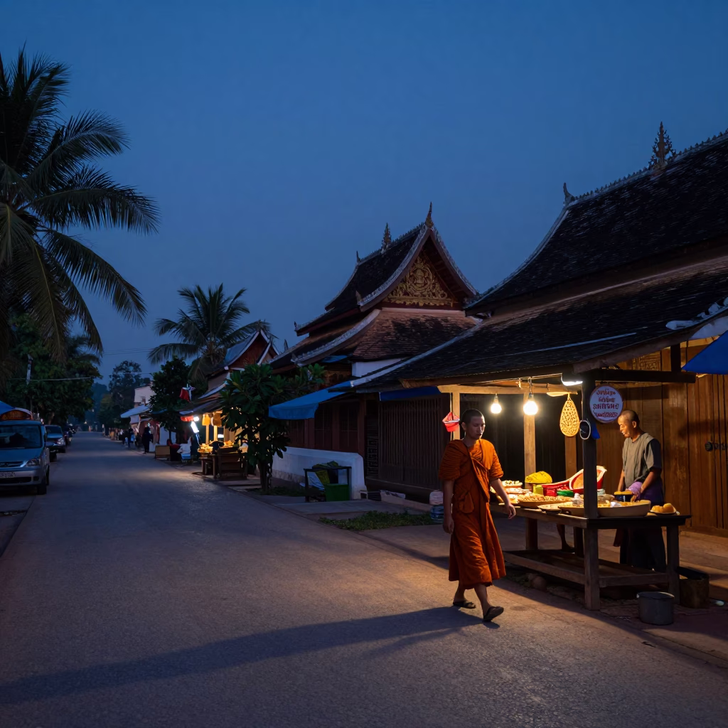 Luang Prabang Street Scene at Sunrise Light in in Luang Prabang, Laos