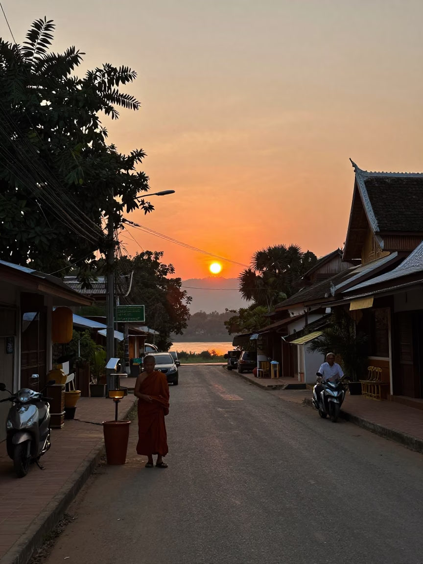 Luang Prabang Street Scene at Sunset with Monk and Oil Lamp in in Luang Prabang, Laos
