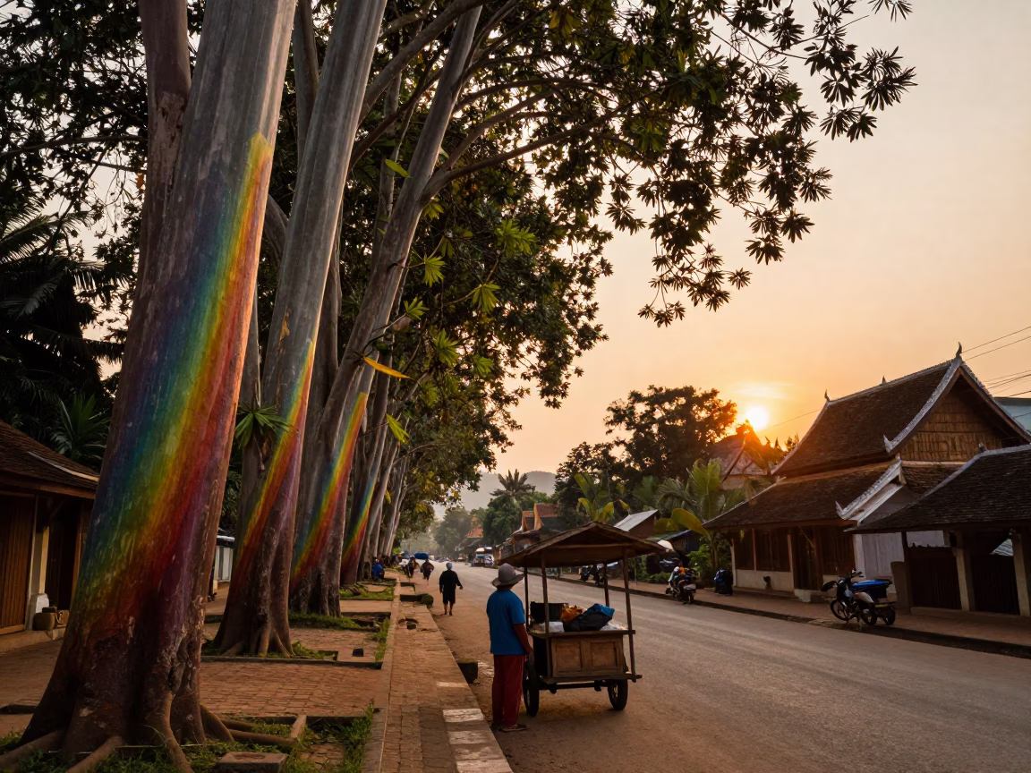 Luang Prabang Street Scene at Sunset with Rainbow Eucalyptus and Local Life in in Luang Prabang, Laos