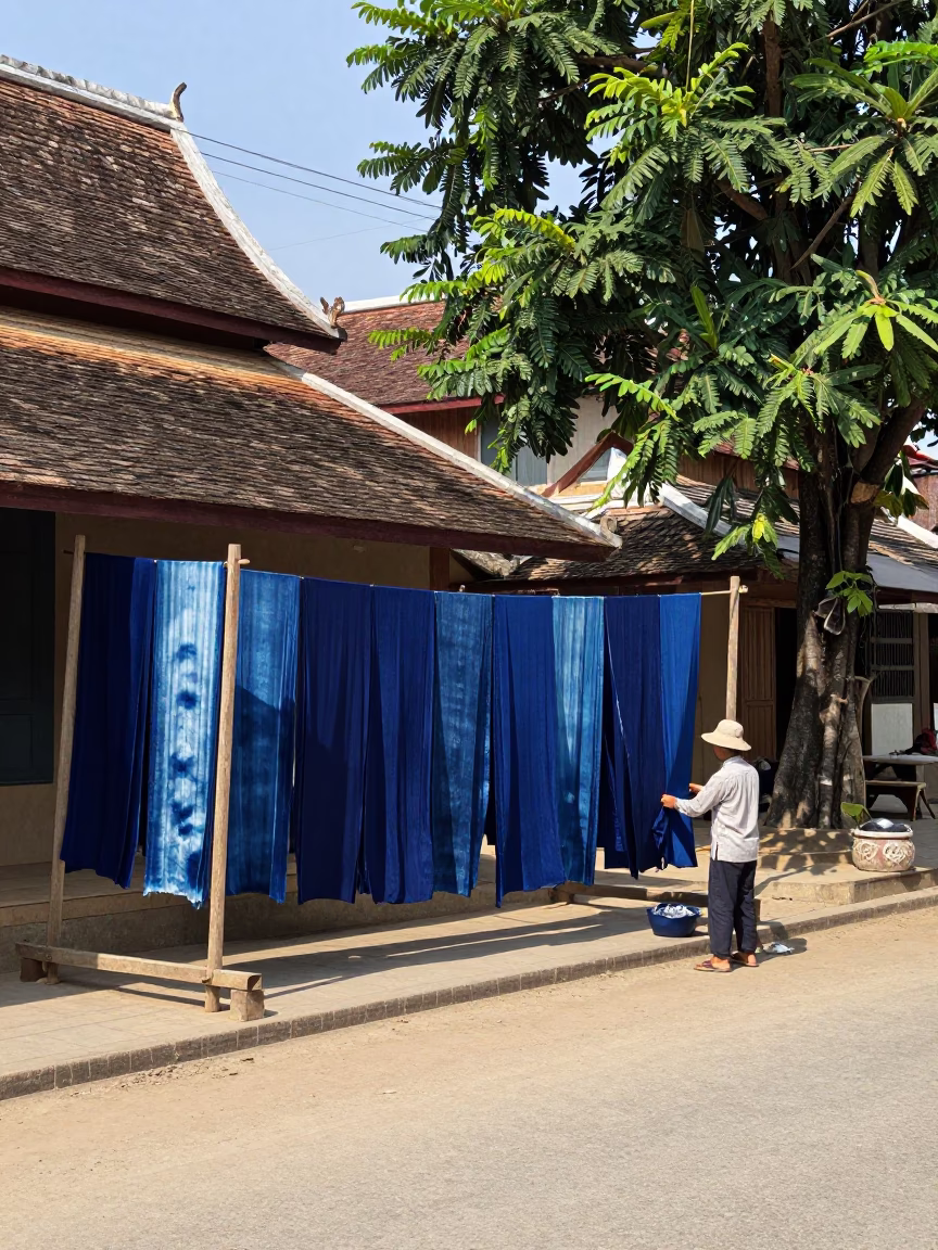 Luang Prabang street scene with indigo fabric drying under noon glare in in Luang Prabang, Laos