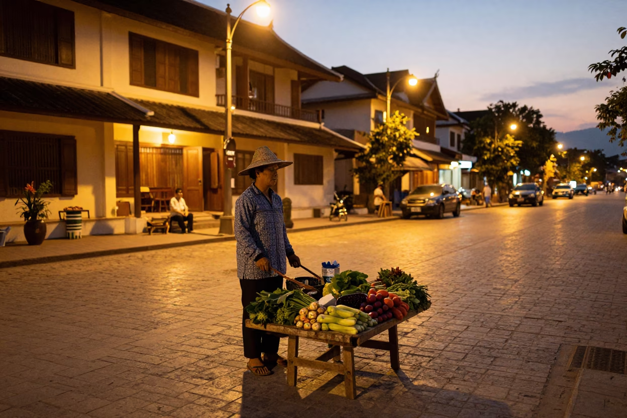 Luang Prabang Street Vendor at As City Lights Begin To Glow in in Luang Prabang, Laos